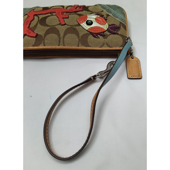 Coach Signature Brown Canvas Suede Fish Coral Reef Wristlet - Coin Wallet - Picture 9 of 13